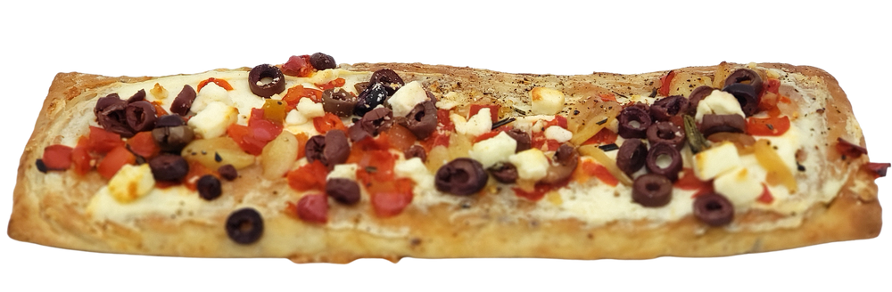Flatbread with Roasted Red Pepper, Garlic, Feta & Olives