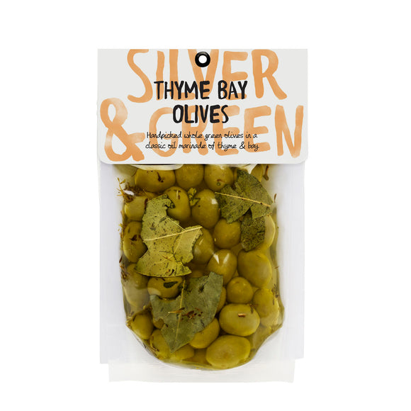 Silver & Green Thyme Bay Olives 220g
