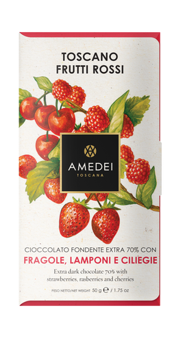 Amedei Toscano Red 70% Extra Dark Chocolate with Strawberries, Raspberries & Cherries