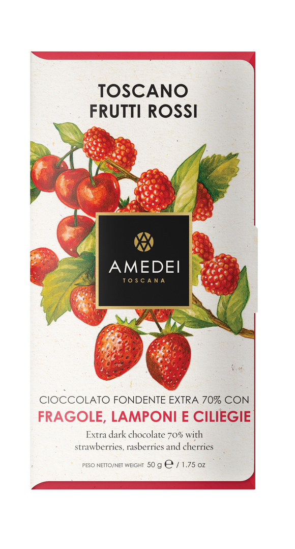 Amedei Toscano Red 70% Extra Dark Chocolate with Strawberries, Raspberries & Cherries